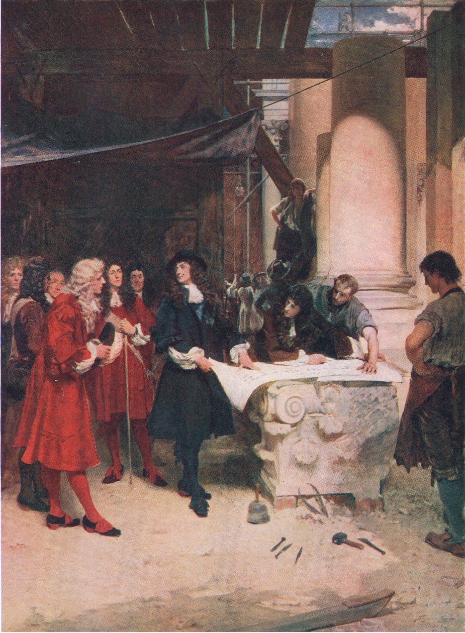 El rey Carlos visita a Wren durante la construcción de San Pablo, de Cassells Historia del Pueblo Británico publicada por la Waverley Book Company Limited, c.1940 de John Seymour Lucas