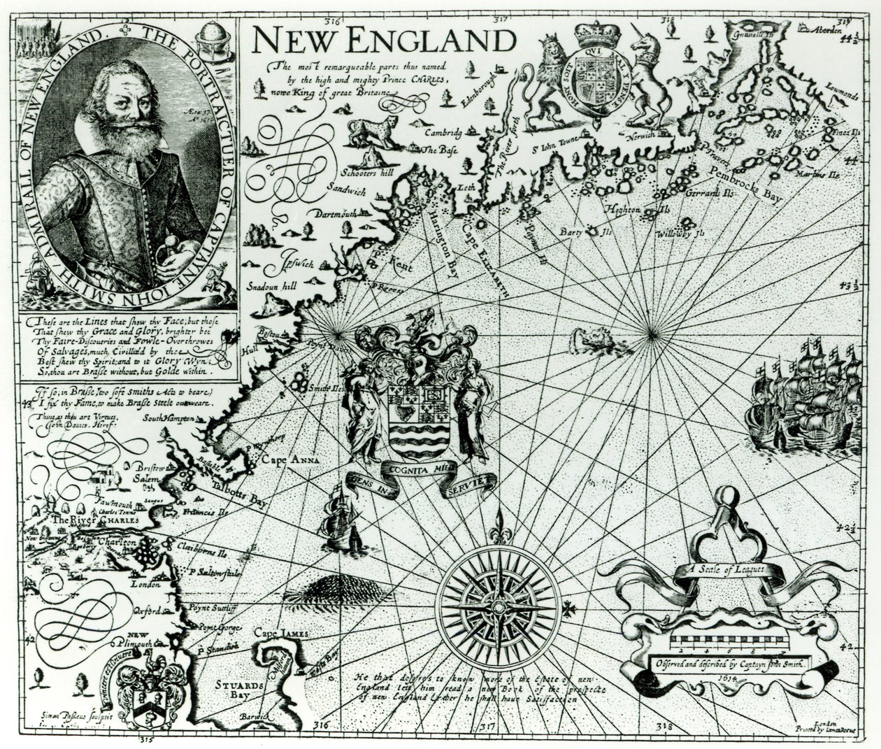 Mapa de la costa de Nueva Inglaterra en 1614, grabado por Simon de Passe, 1616 de John Smith 2
