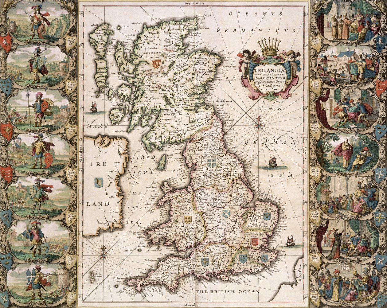 Gran Bretaña como estaba dividida en la época de los sajones ingleses, 1616 (grabado en color) de John Speed