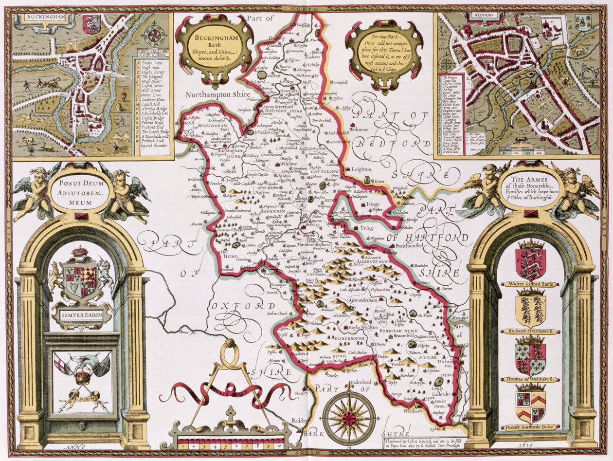 Buckinghamshire, grabado por Jodocus Hondius (1563-1612) de 
