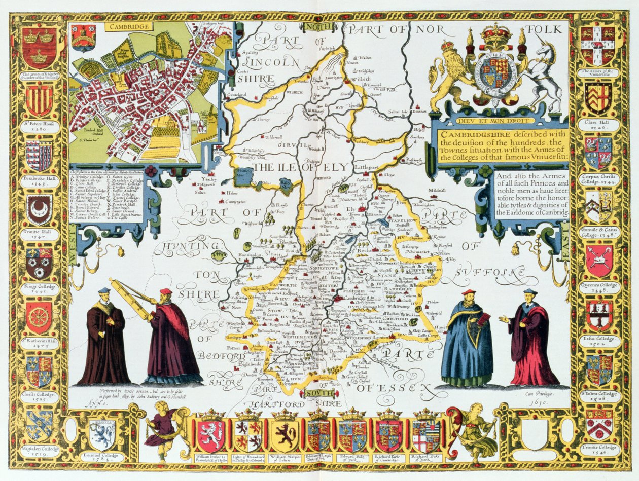 Cambridgeshire, grabado por Jodocus Hondius (1563-1612) de 