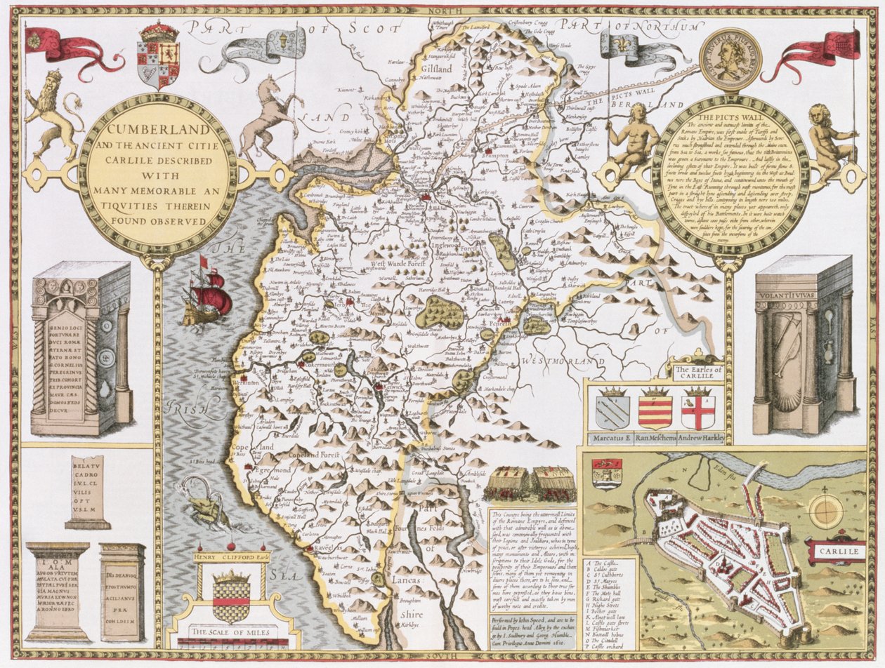 Cumberland y la antigua ciudad de Carlile (grabado por Jodocus Hondius de 