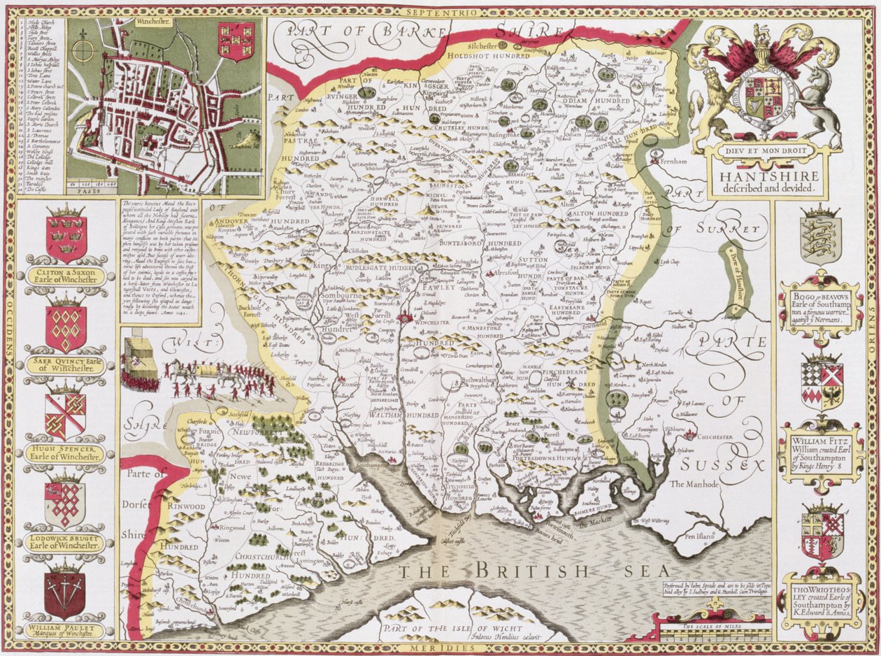 Hantshire, grabado por Jodocus Hondius (1563-1612) de 
