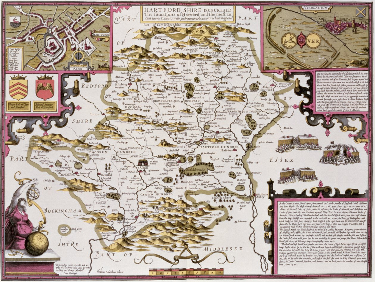 Hartfordshire y la situación de Hartford, grabado por Jodocus Hondius (1563-1612) del 