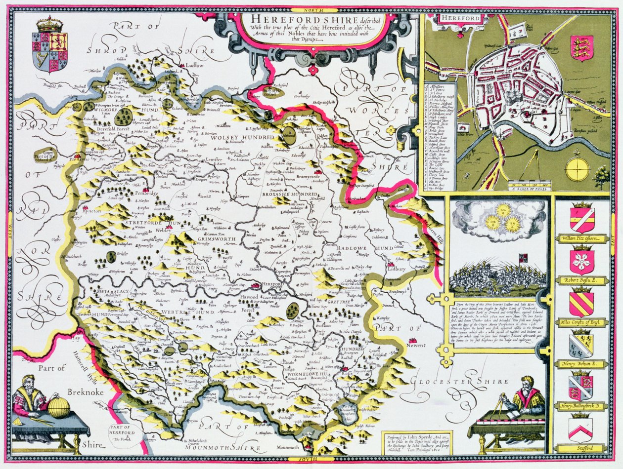 Herefordshire, grabado por Jodocus Hondius (1563-1612) de 