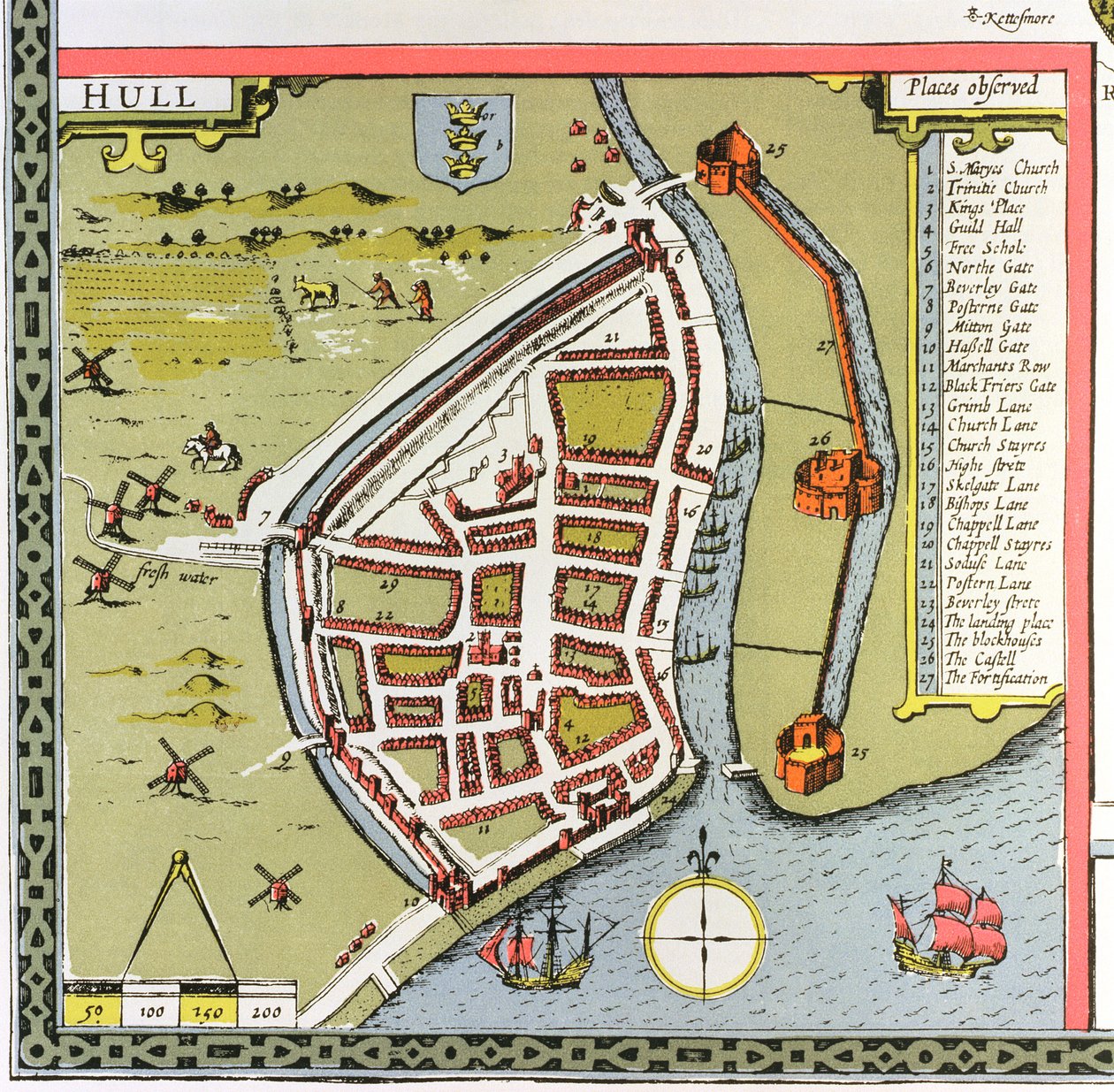 Hull, detalle del mapa de los North and East Ridings de Yorkshire, grabado por Jodocus Hondius (1563-1612) de 