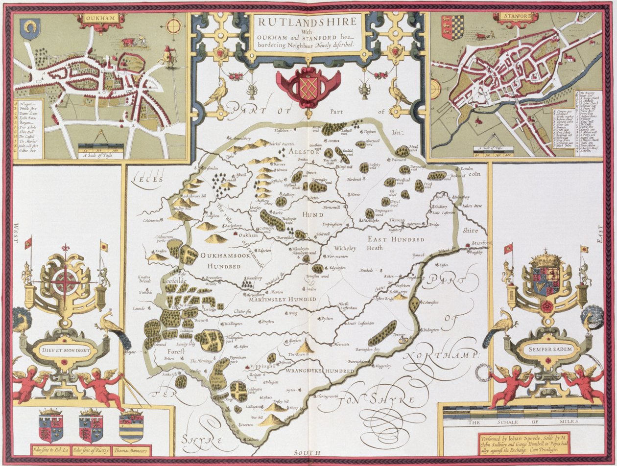 Rutlandshire con Oukham y Stanford, grabado por Jodocus Hondius (1563-1612) de 