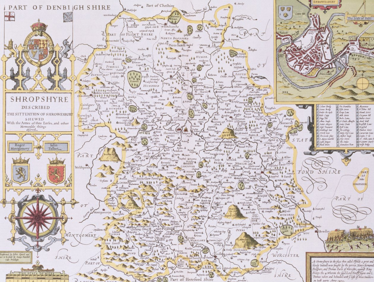 Shropshire, grabado por Jodocus Hondius (1563-1612) de 