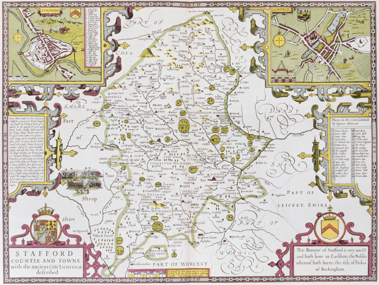 Condado y Ciudad de Stafford, grabado por Jodocus Hondius (1563-1612) de 