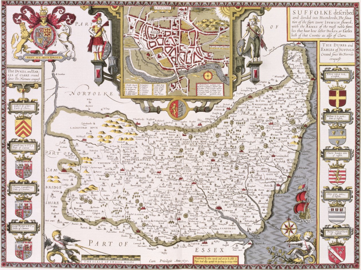 Suffolk y la situación de Ipswich, grabado por Jodocus Hondius (1563-1612) del 
