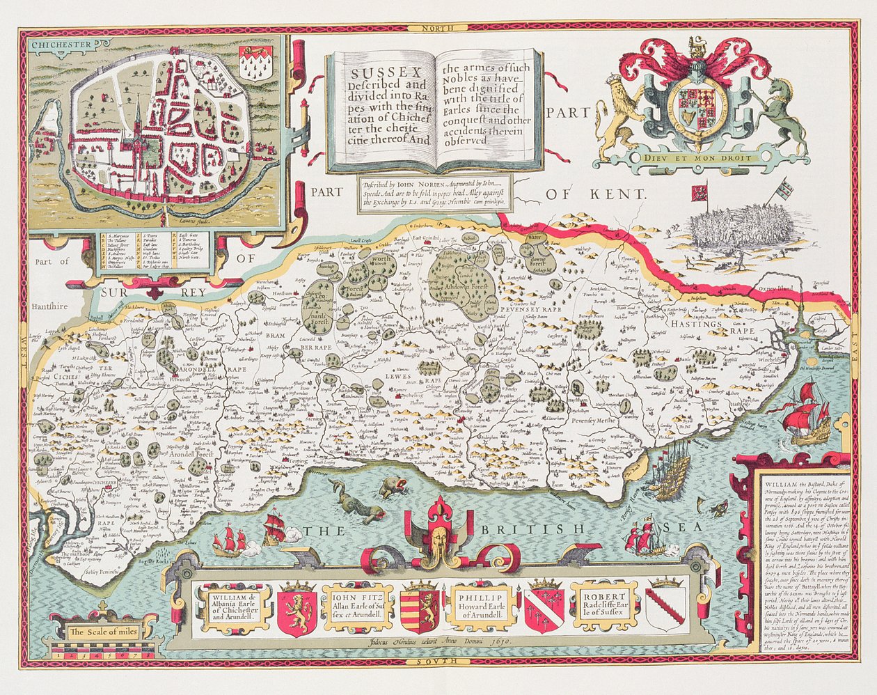 Sussex, grabado por Jodocus Hondius (1563-1612) del 