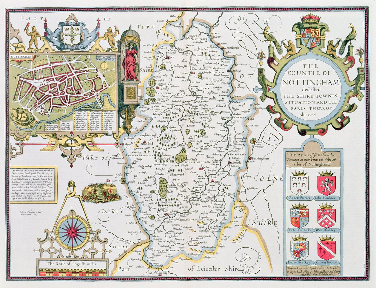 El condado de Nottingham, grabado por Jodocus Hondius (1563-1612) de 