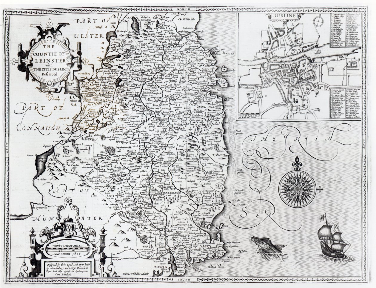 El condado de Leinster con la ciudad de Dublín descrito, grabado por Jodocus Hondius, de 