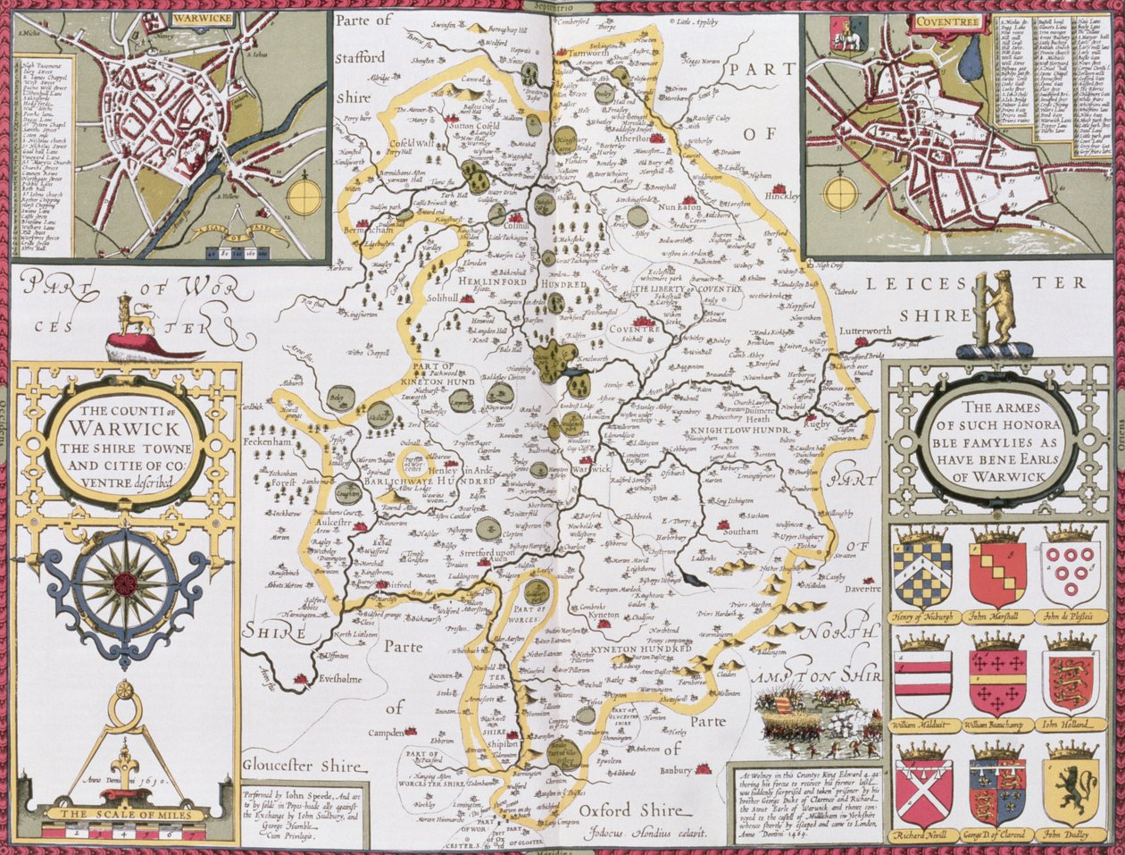 El Condado de Warwick, la Ciudad Capital y la Ciudad de Coventry, grabado por Jodocus Hondius (1563-1612) del 
