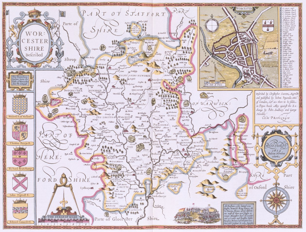 Worchestershire, grabado por Jodocus Hondius (1563-1612) del 