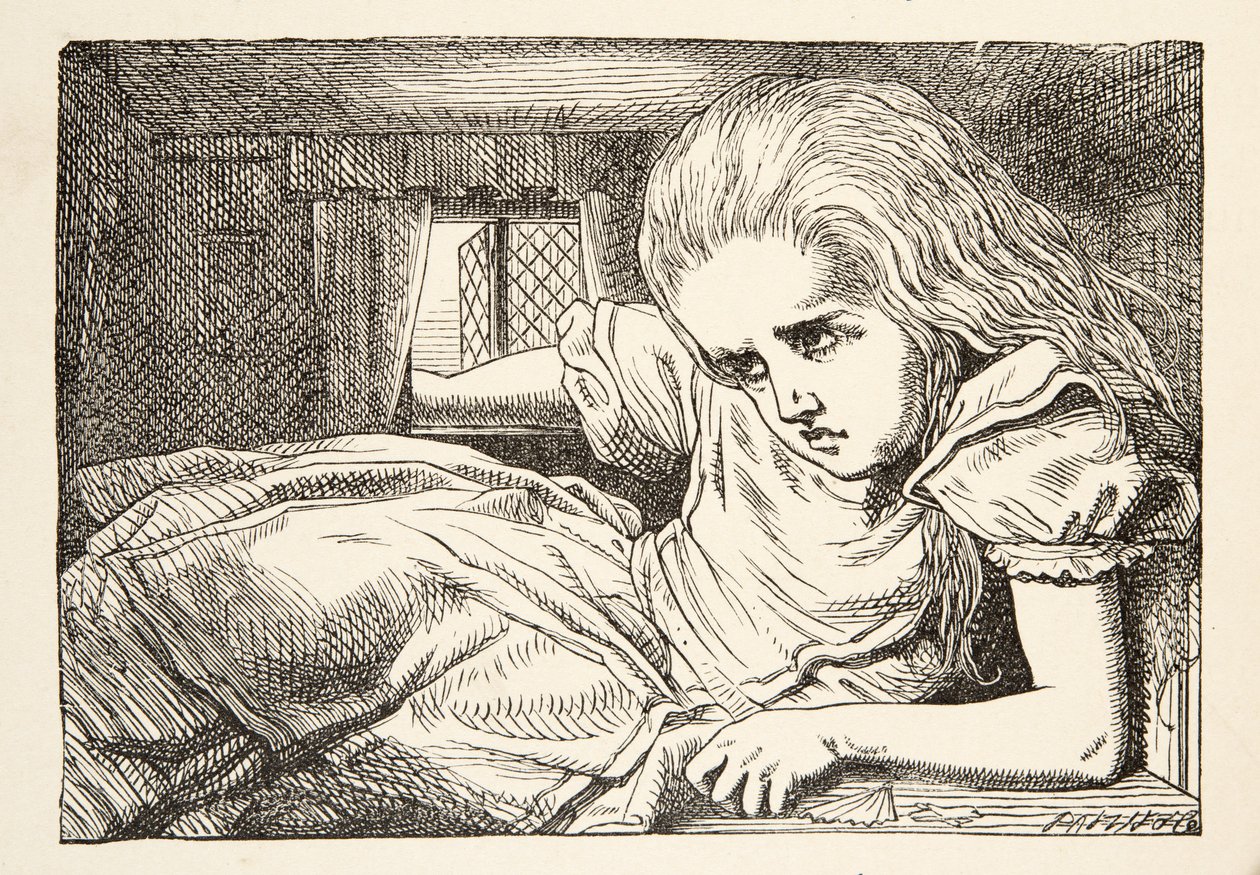 Alicia crece demasiado para la habitación, de Las aventuras de Alicia en el país de las maravillas de Lewis Carroll, publicado en 1891 de John Tenniel