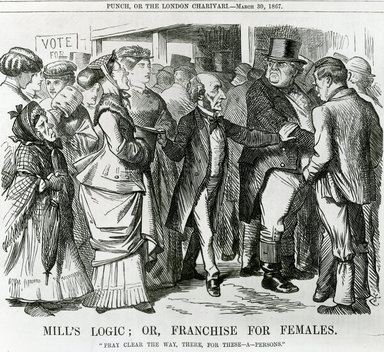 La lógica de Mill: o, Franquicia para mujeres, caricatura de Punch, Londres, 1867 de John Tenniel