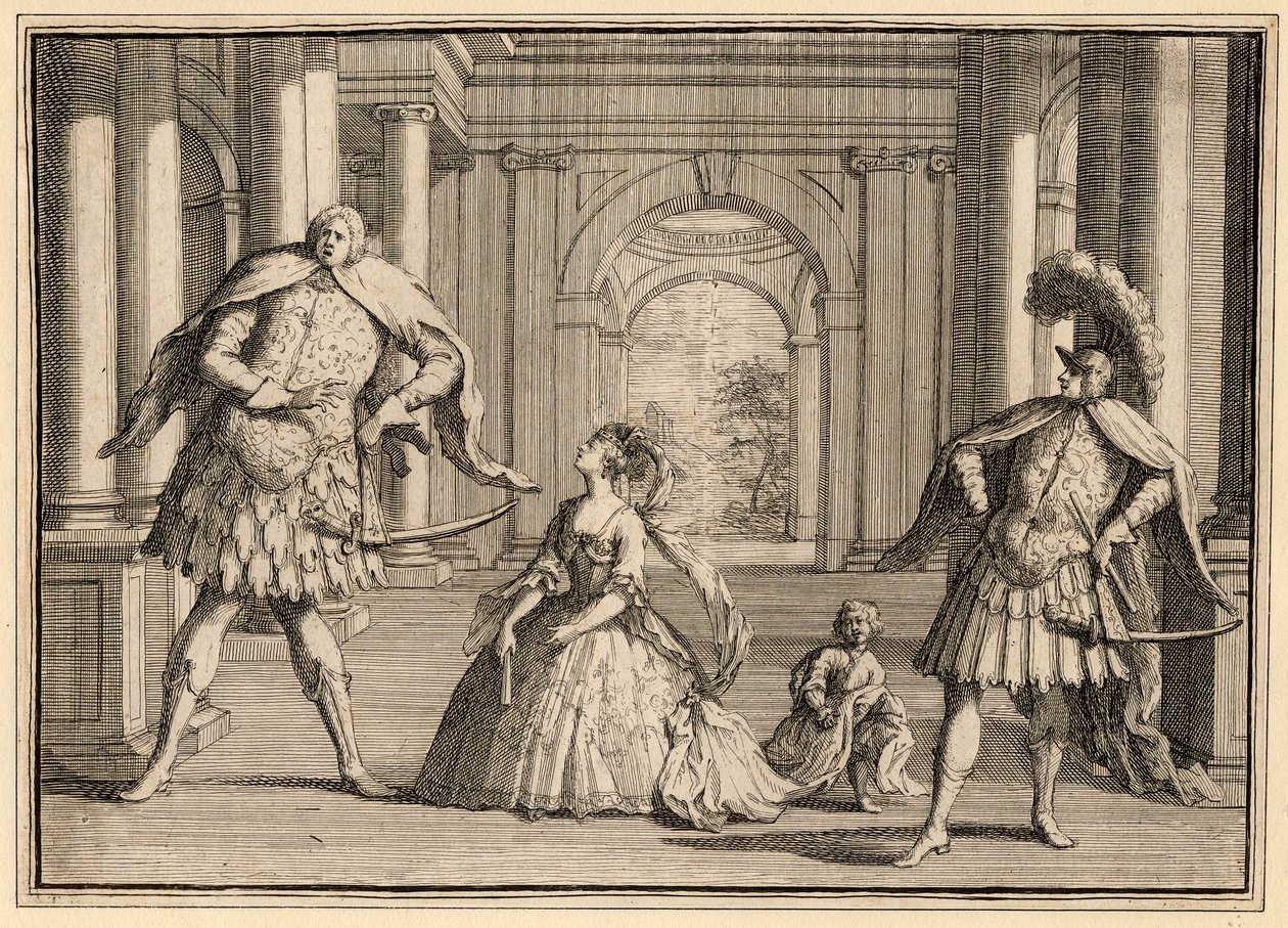 Caricatura de una representación de Flavio de Handel, con Berenstadt a la derecha, la soprano Francesca Cuzzoni en el centro y Senesino a la izquierda de John Vanderbank