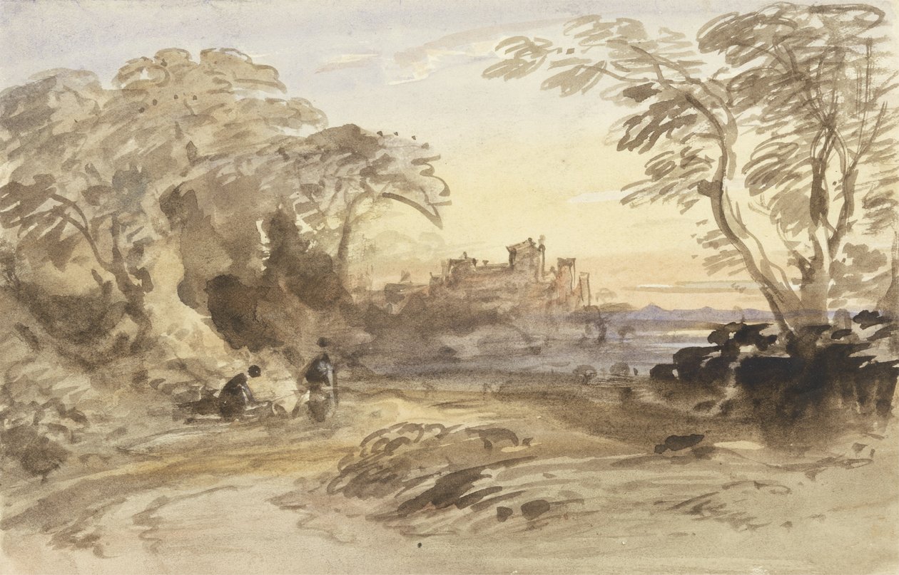 Paisaje con figuras y castillo distante de John Varley