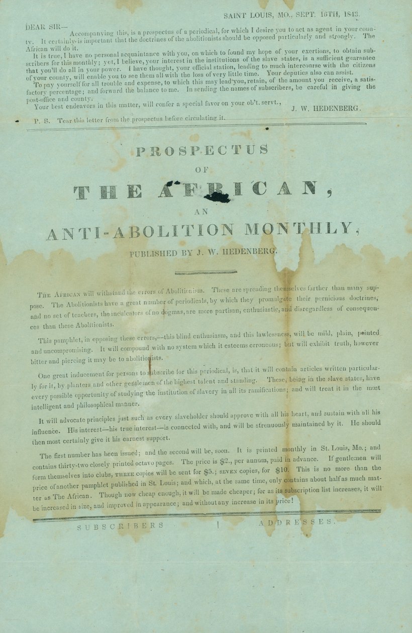 Circular dirigida al sheriff de Lexington de John W. Hedenberg