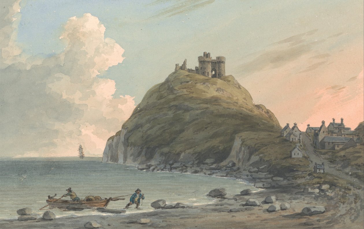 Ruinas del castillo de Cricceith y parte de la ciudad en la bahía de Cardigan. Vista este, Carnarvonshire de John Warwick Smith