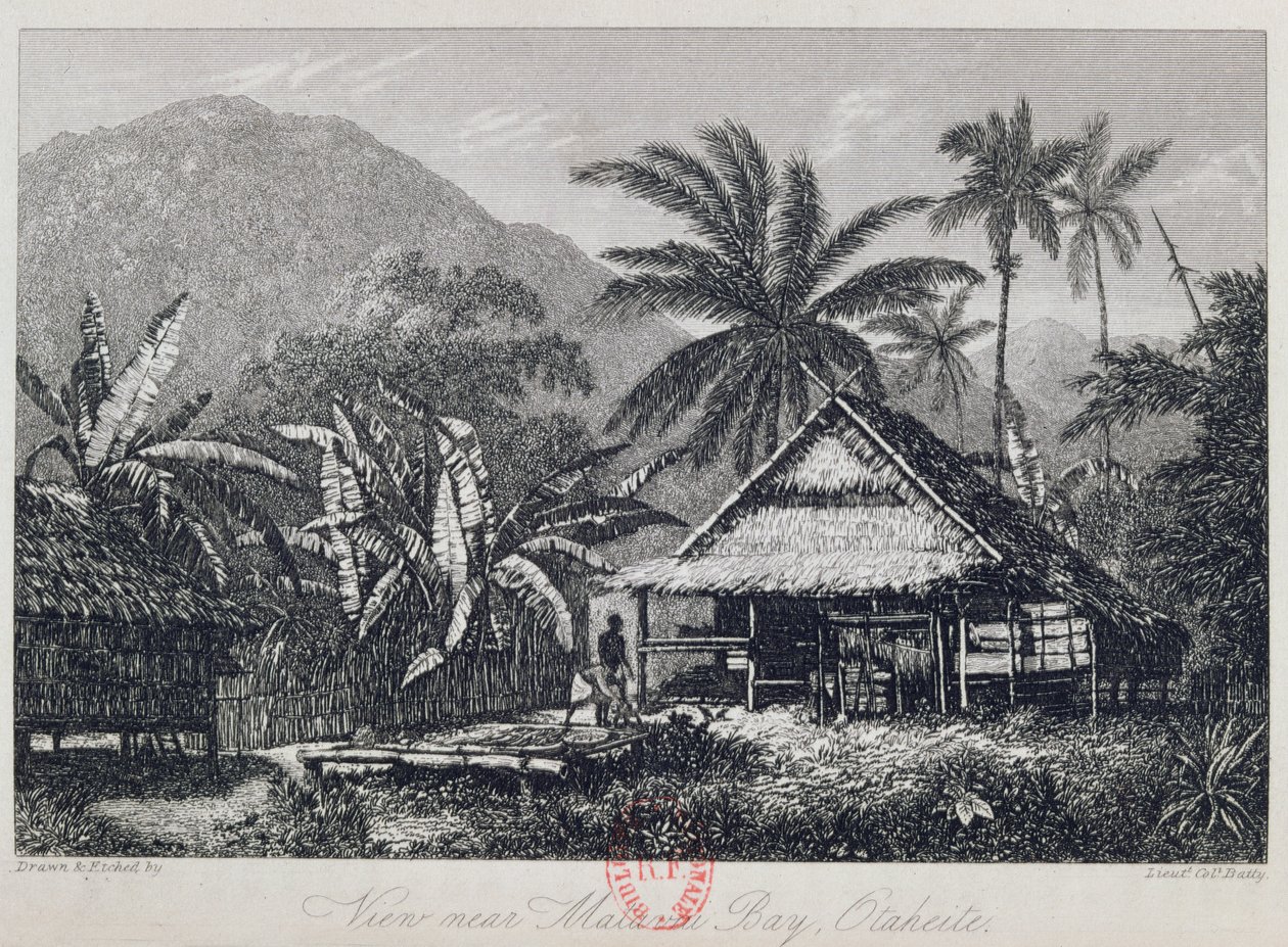 Vista cerca de la Bahía de Matavai, Otaheite, grabado por el Teniente Coronel Batty, de un relato del viaje del HMS Bounty por John Barrow, 1835 de John Webber