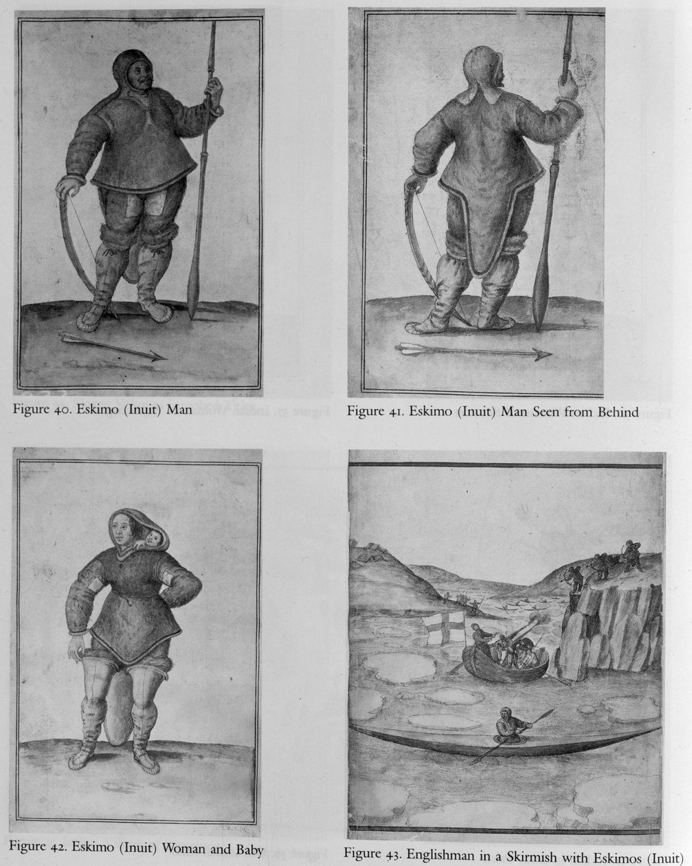 Hombre esquimal (inuit); Hombre esquimal (inuit) visto desde atrás; Mujer esquimal (inuit) y bebé; Ingleses en una escaramuza con esquimales (inuit) de John White