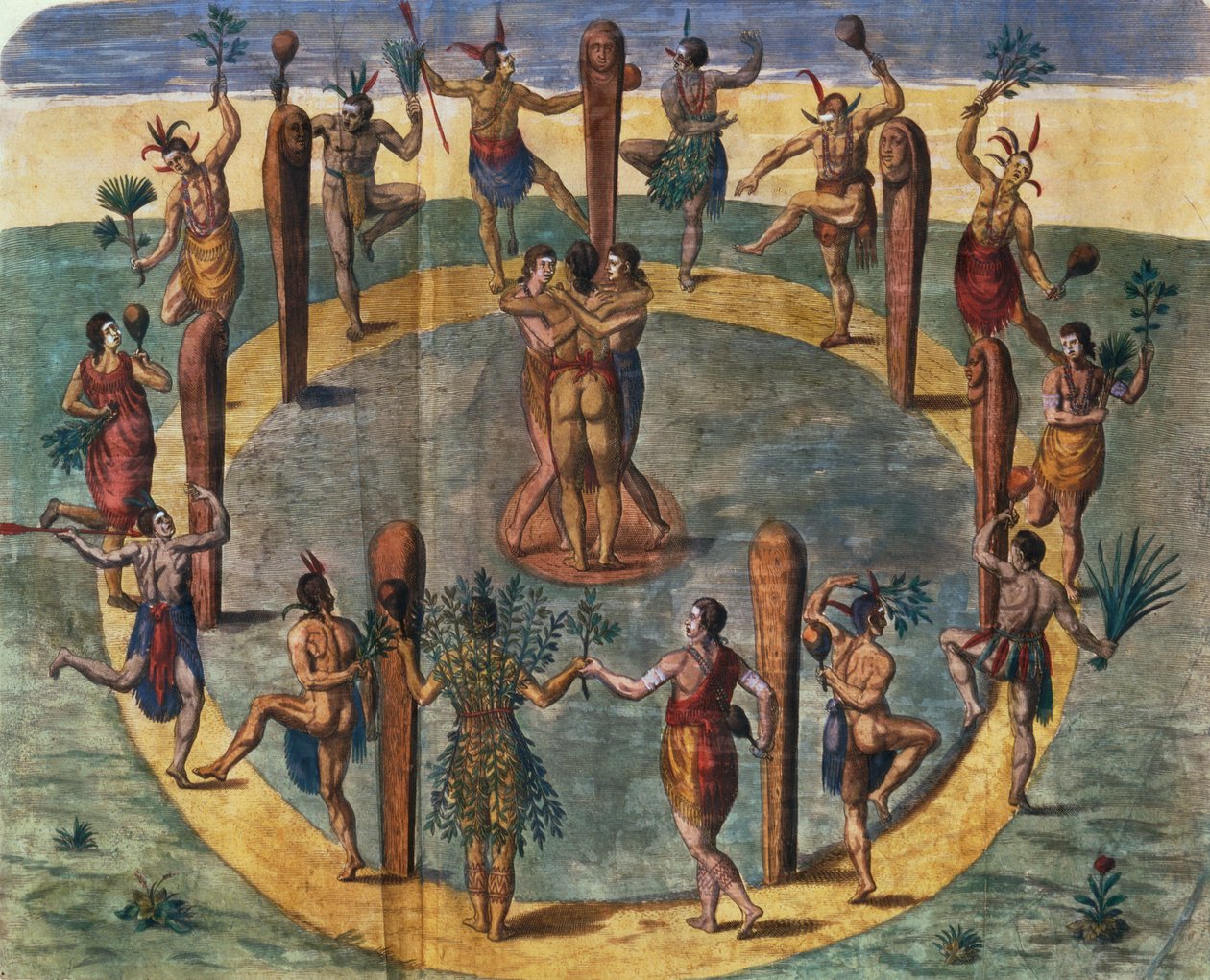 Danza ritual india del pueblo de Secoton, ilustración de libro, c.1570-80