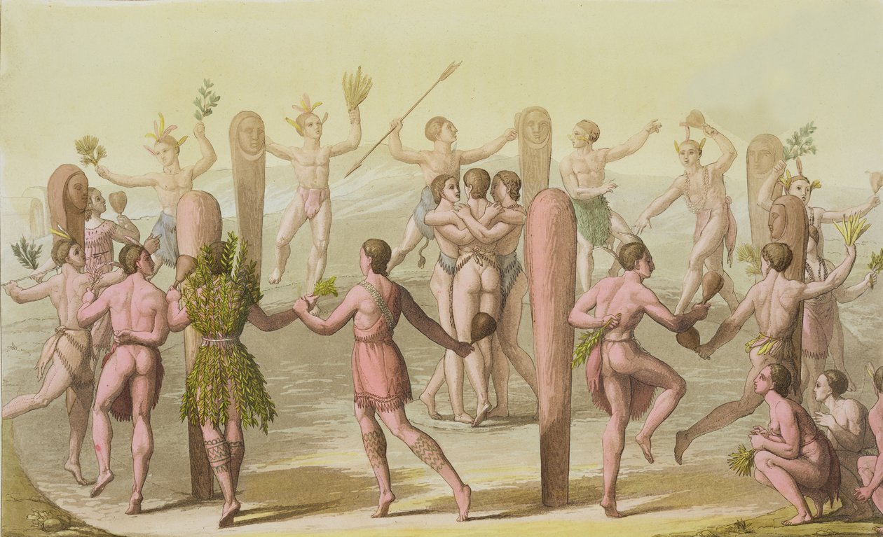 Nativos indígenas realizando una danza ceremonial de John White
