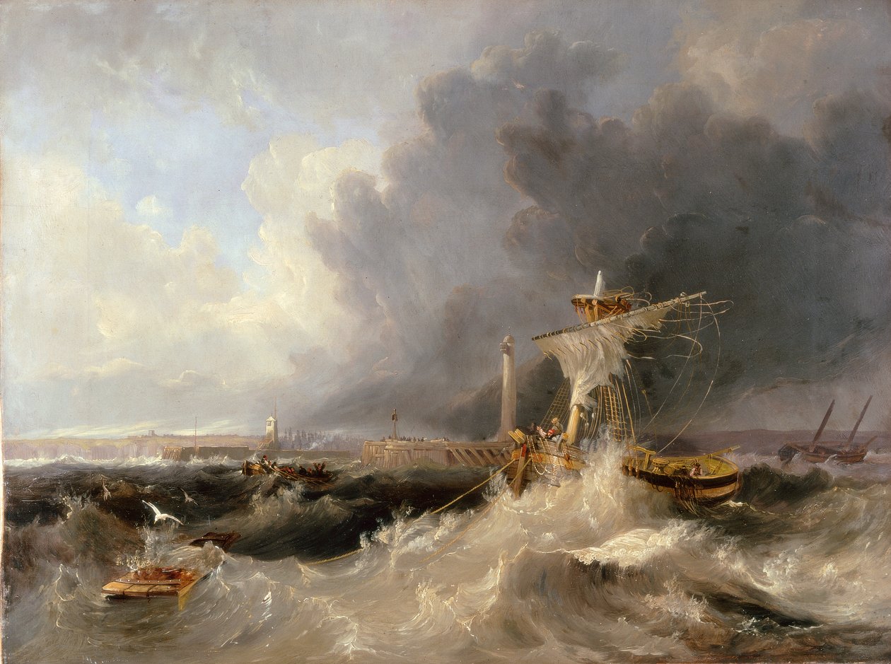 Antiguo muelle y faro de Sunderland con la iglesia de Ryhope a lo lejos, 1840 de John Wilson Carmichael