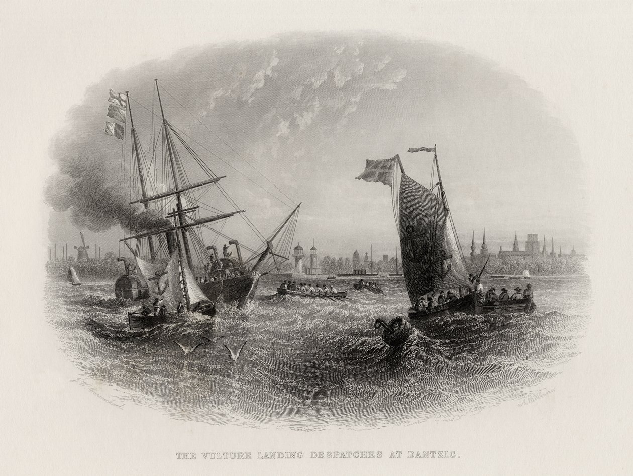 El buitre entregando despachos en Dantzig, grabado por Arthur Willmore (1814-88) de John Wilson Carmichael