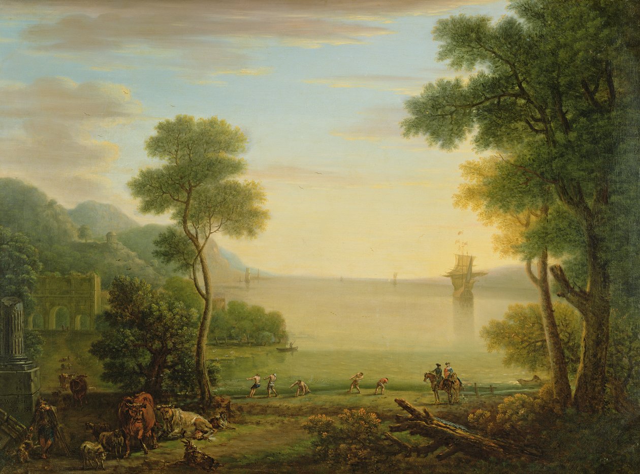 Paisaje clásico con figuras y animales, Atardecer, 1754 de John Wootton