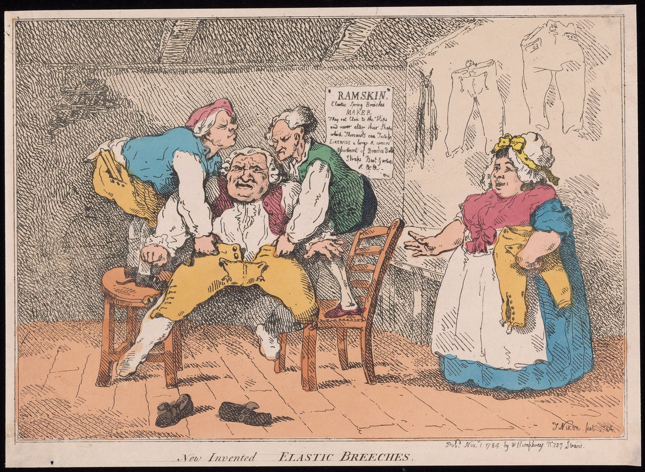 Nuevos pantalones elásticos inventados, pub. 1784 (grabado coloreado a mano) de John after Nixon