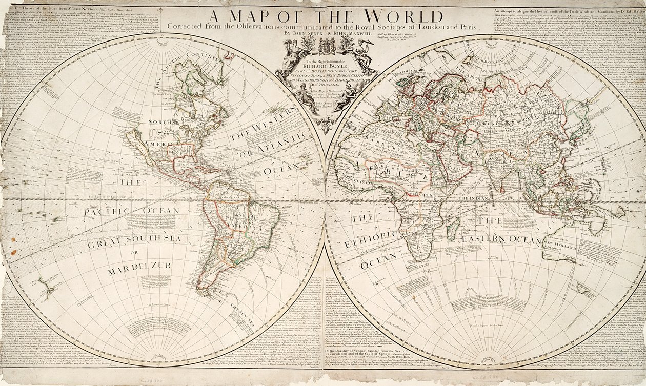Un mapa del mundo, corregido a partir de las observaciones comunicadas a las Sociedades Reales de Londres y París, al Muy Honorable Richard Boyle, 1711 de John Senex