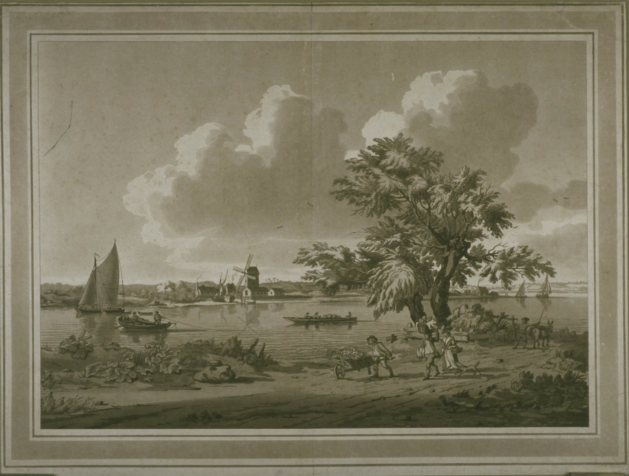 Figuras transportando vegetales a lo largo de la orilla del río Támesis de John the Elder Cleveley