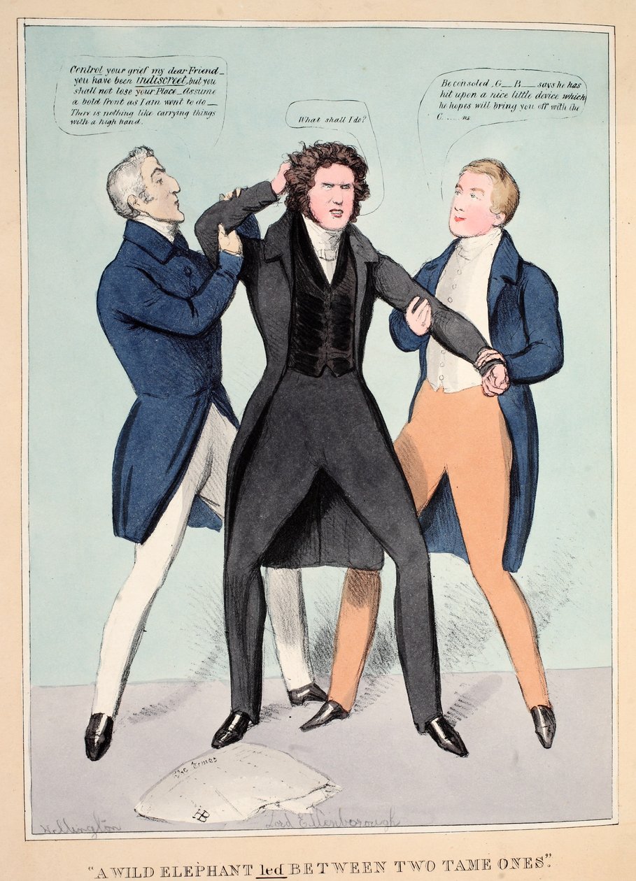 "Un elefante salvaje conducido entre dos mansos", pub. 1830 de John  Doyle