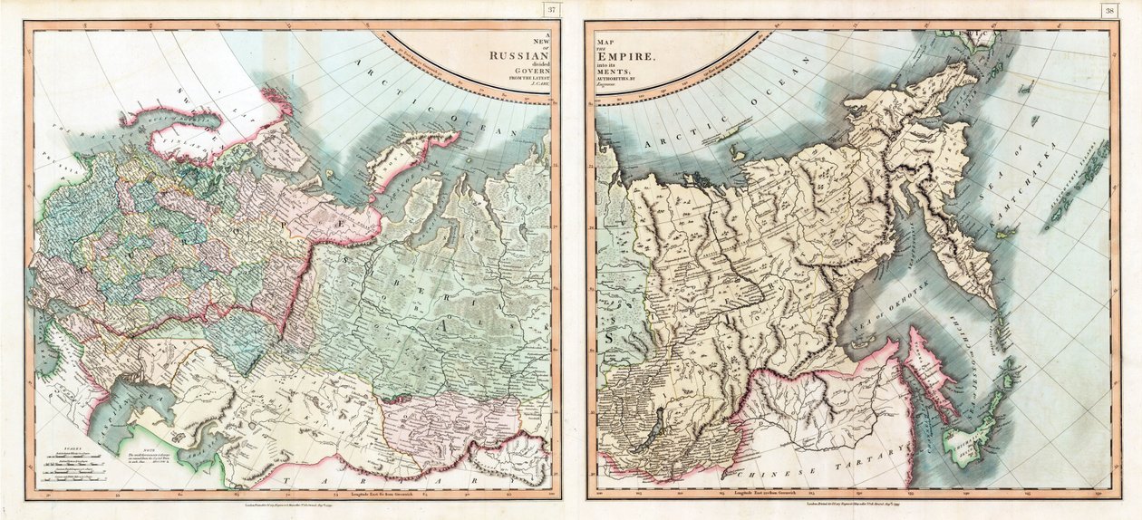 Mapa del Imperio Ruso dividido en sus gobiernos de John (after) Cary