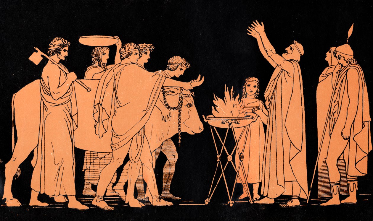 Néstor, rey de Pilos y antiguo guerrero de la guerra de Troya, sacrifica toros a Poseidón, escena de "La Odisea" de Homero (grabado) de John (after) Flaxman