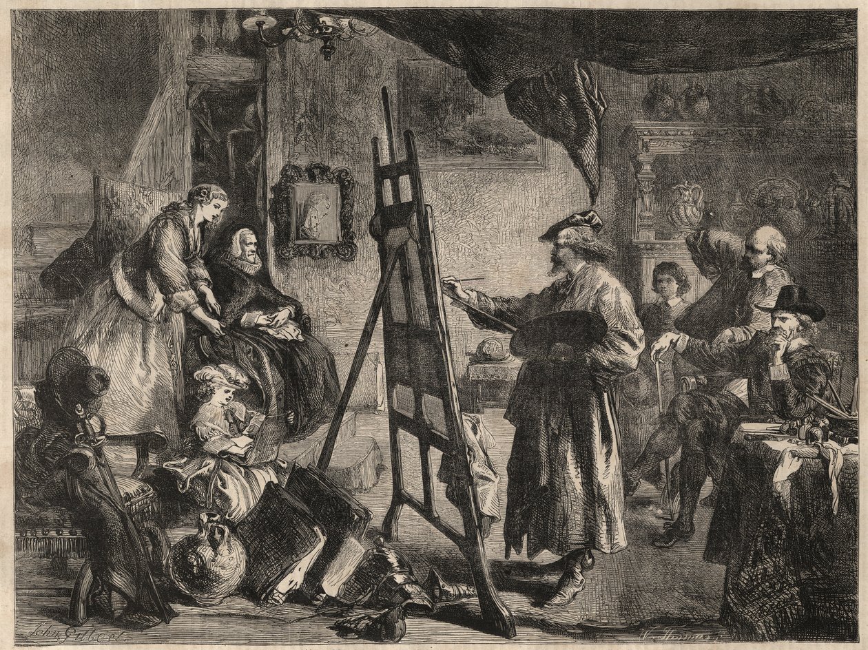 EL ESTUDIO DE REMBRANDT - grabado después de la pintura de J. Gilbert - l