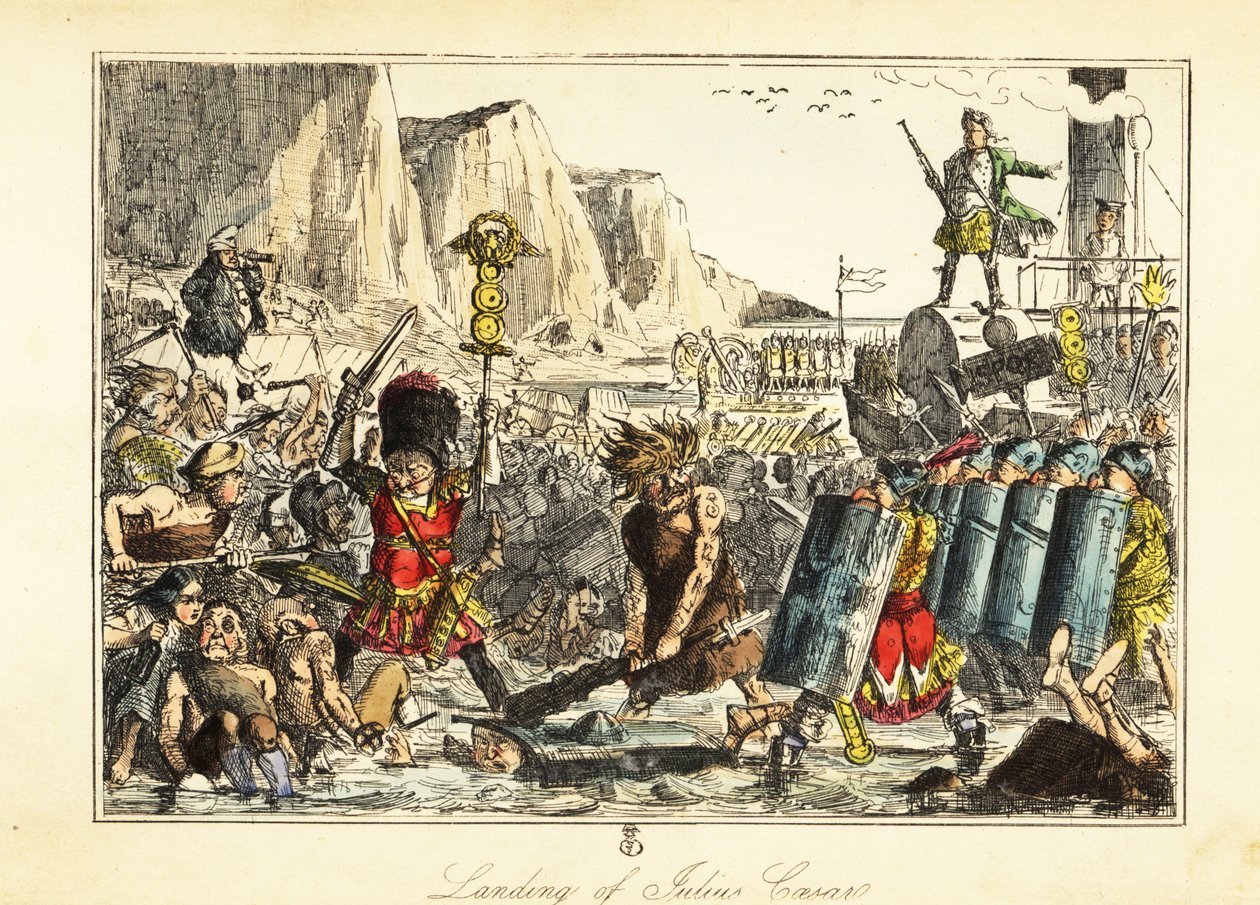Un abanderado de la 10ª legión con piel de oso lidera la infantería romana en una playa en Sandwich, 54 a.C. de John (after) Leech