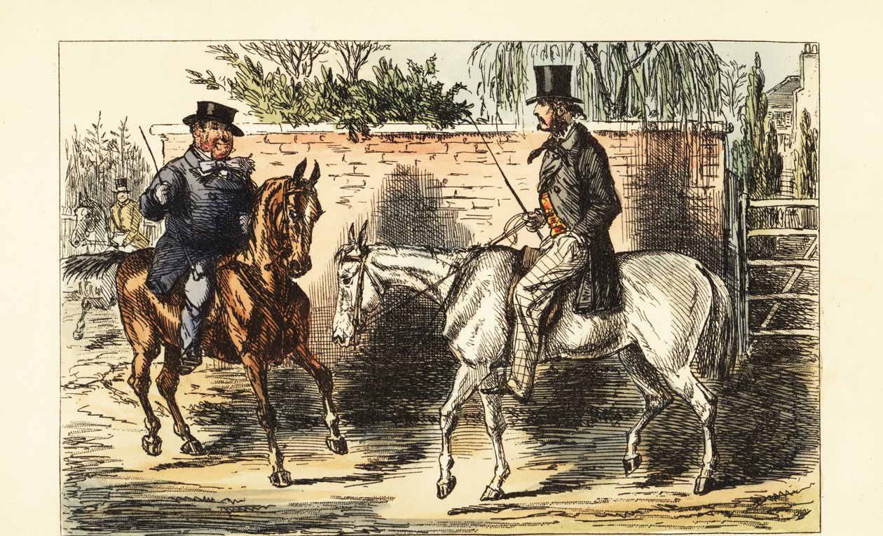 Caballero inglés en un viejo caballo rechazado por un hombre en un caballo bayo de John (after) Leech