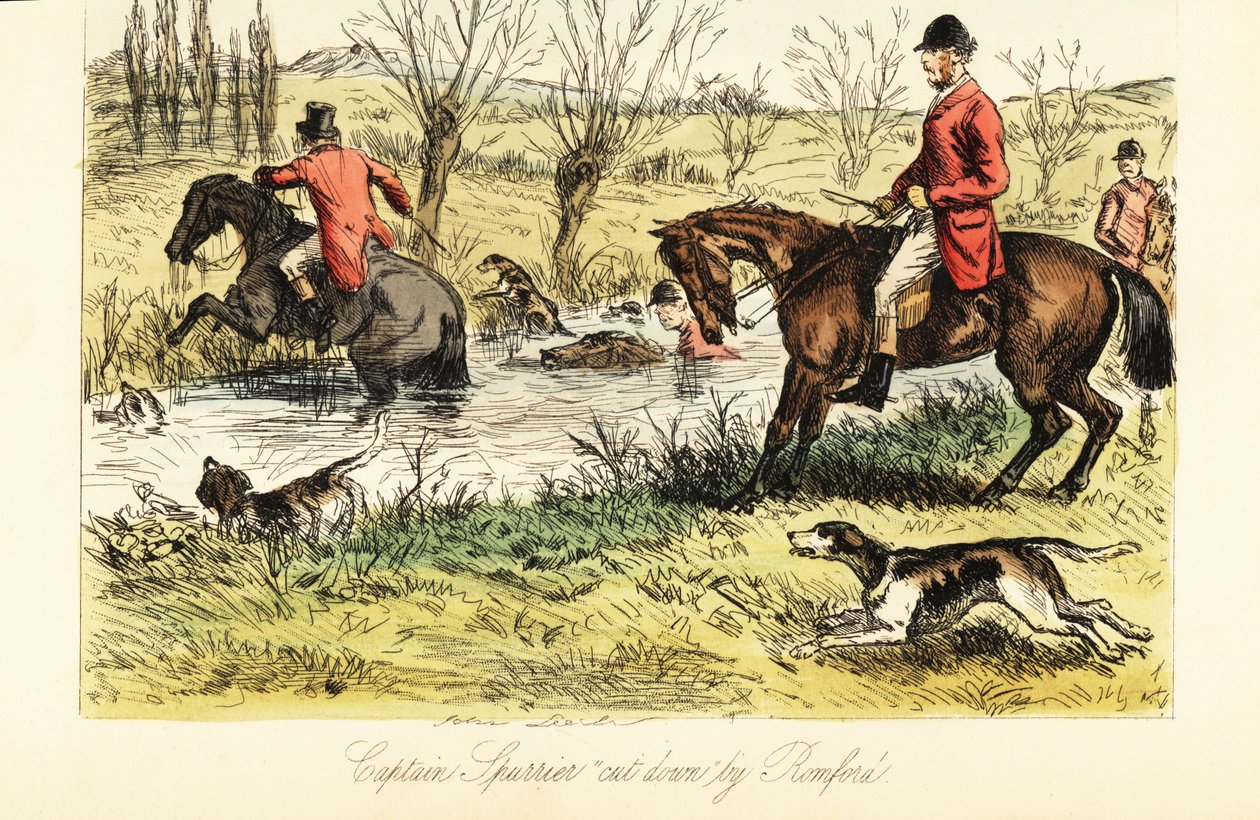 Cazador inglés cruzando un río con perros de caza de John (after) Leech