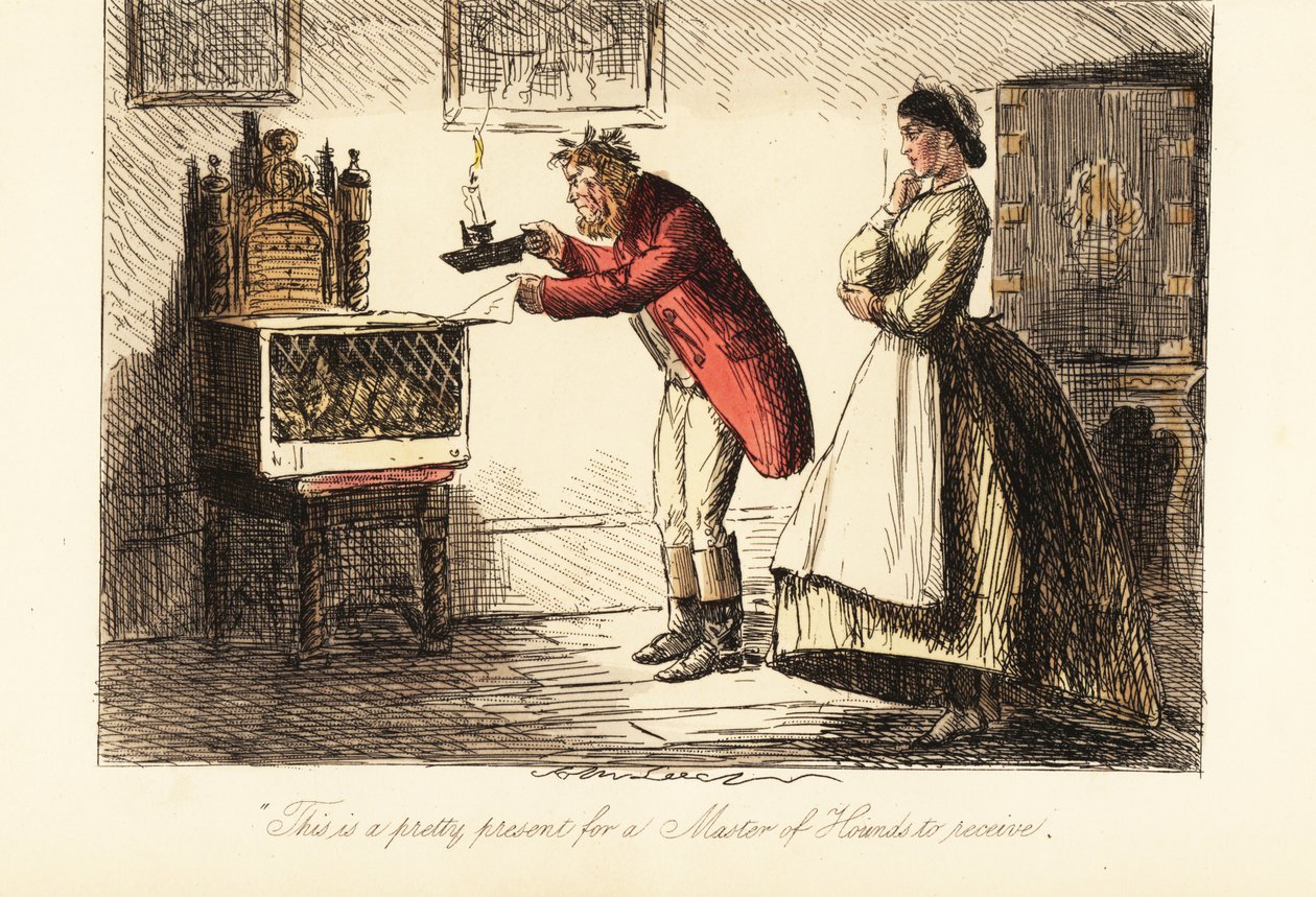 Cazador inglés en ropas de caza y botas examinando un zorro en una jaula a la luz de una vela de John (after) Leech