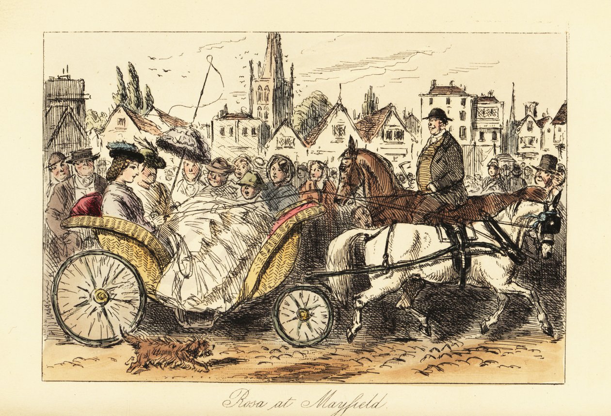 Dama inglesa en vestido de crinolina con parasol conduciendo un carruaje de cesta tirado por un pony por las concurridas calles de un pequeño pueblo de John (after) Leech