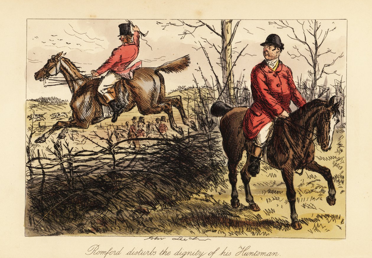 Cazador saltando una cerca en un caballo viejo e interfiriendo con la jauría de perros de John (after) Leech