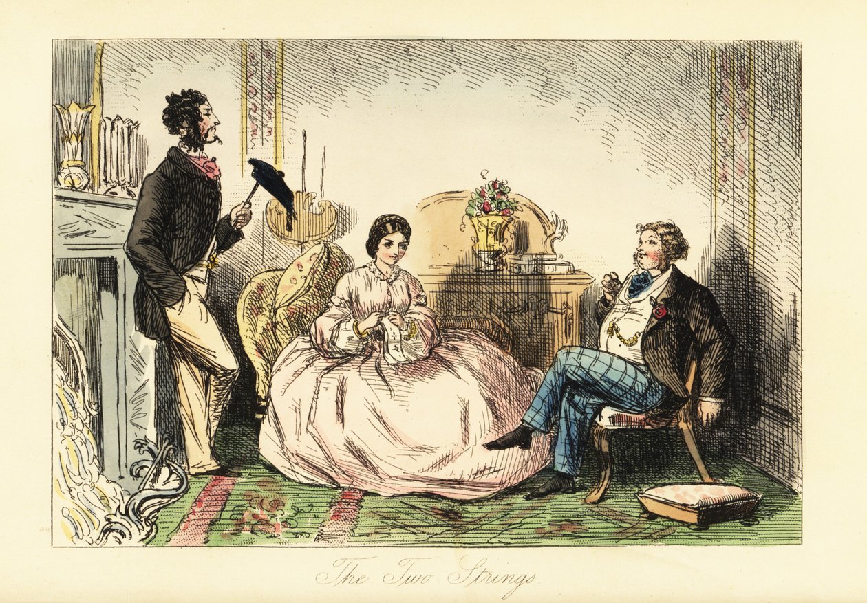 Dama con vestido de crinolina con dos caballeros visitantes en un salón de John (after) Leech