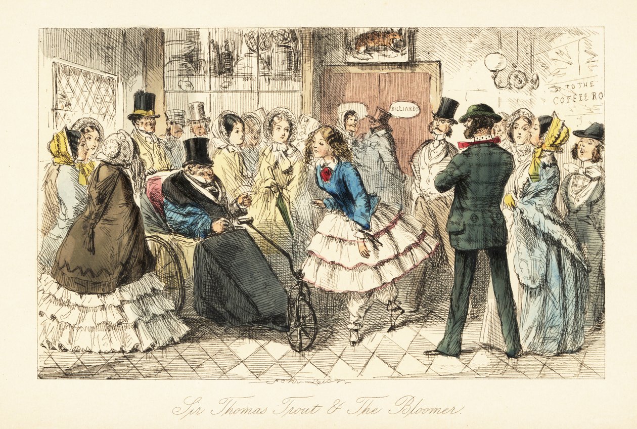 Anciano con gota en una silla de inválido hablando con una joven en pantalones bombachos de John (after) Leech