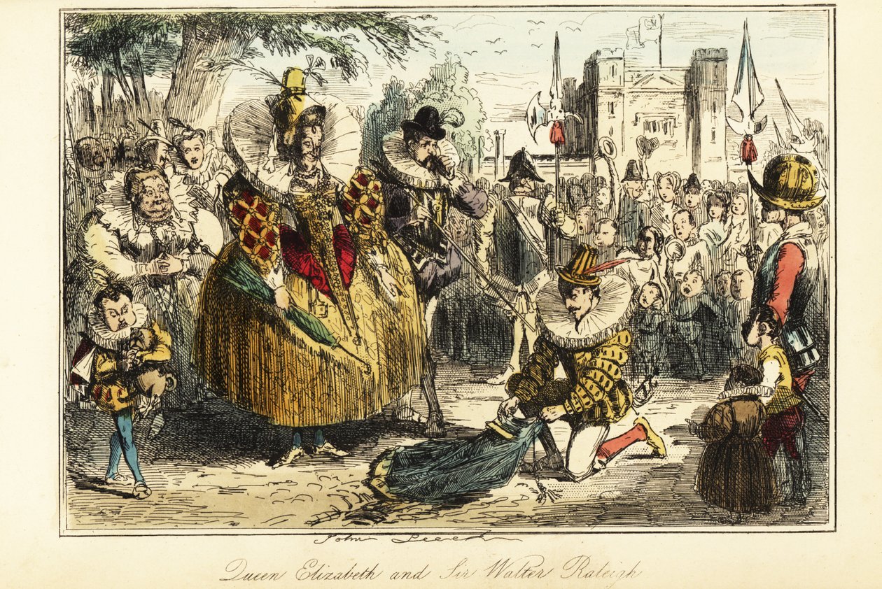 Sir Walter Raleigh colocando su capa sobre un charco para la Reina Isabel I en Greenwich de John (after) Leech