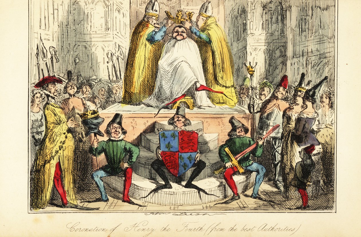 La coronación del rey Enrique IV de Inglaterra con una enorme corona de John (after) Leech