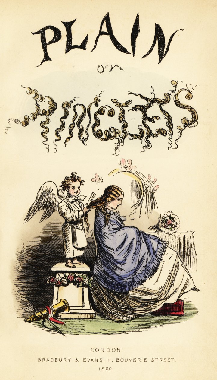 Página de título con título caligráfico y viñeta de querubín alado peluquero cepillando el cabello de una niña con un peine de John (after) Leech